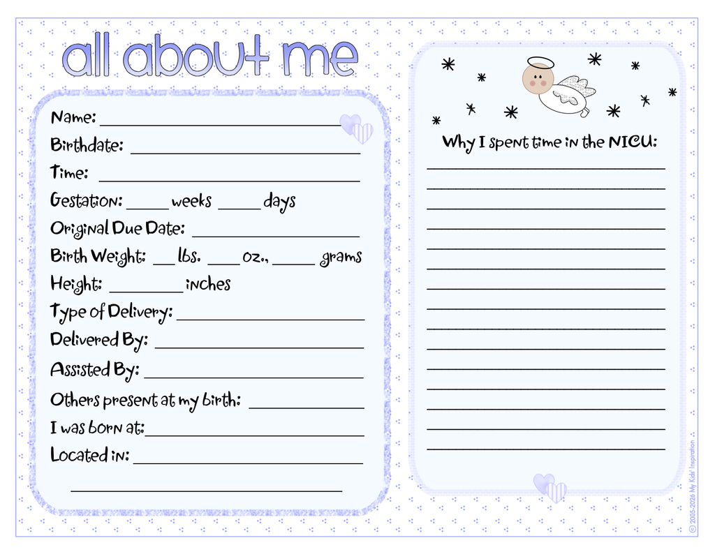 Baby information sheet with questions about birth details and NICU stay.