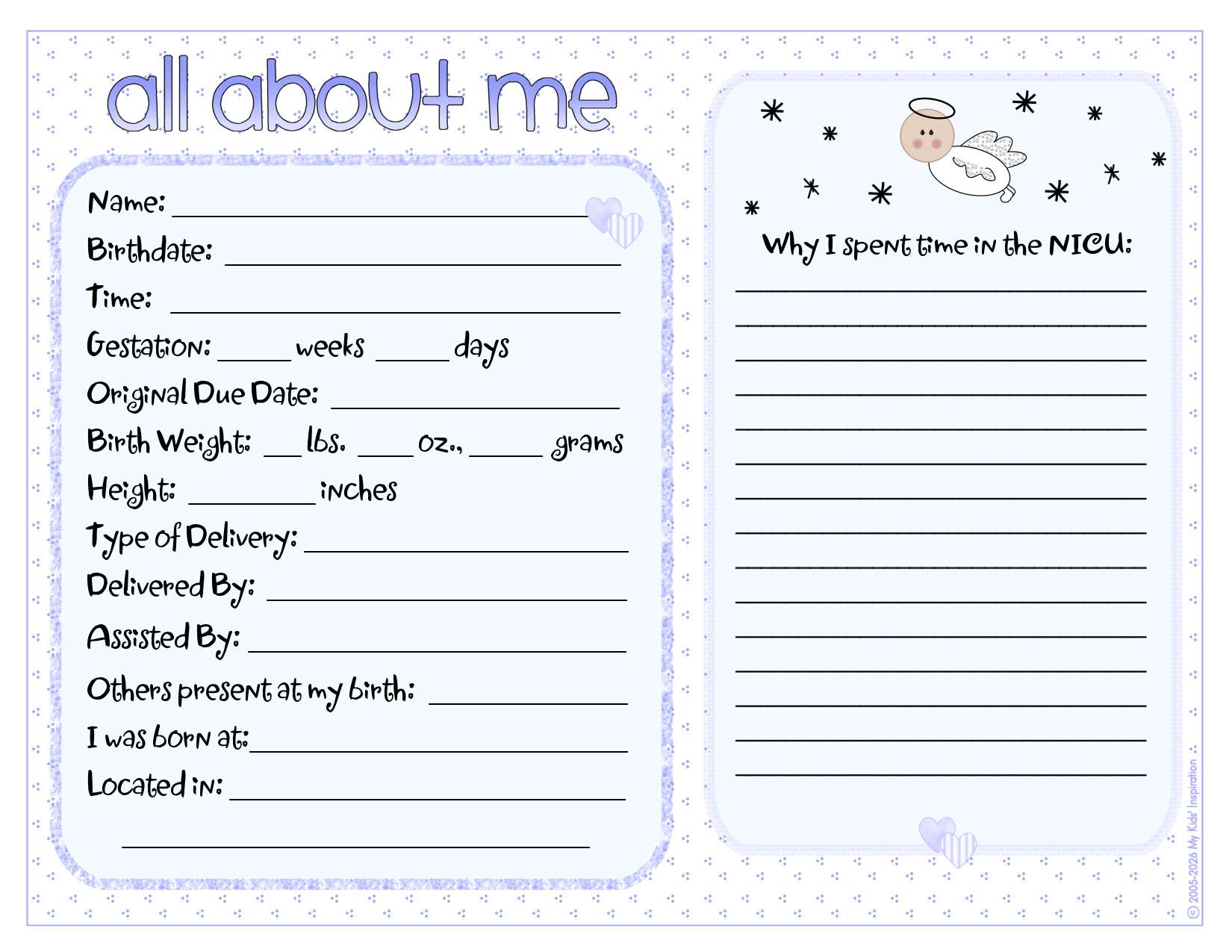 Baby information sheet with questions about birth details and NICU stay.