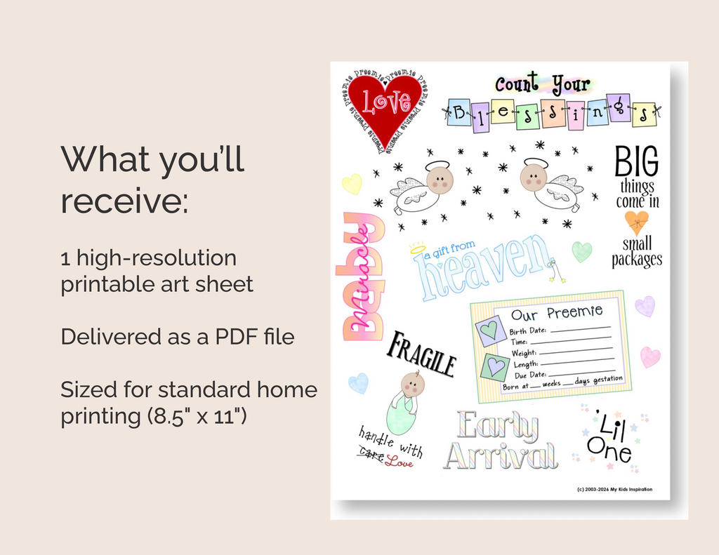 Digital Printable Nicu Art Sheet Preemie Baby Memory Keepsake Scrapbook Pages Instant Download Milestone Tracker Hospital Stay Documentation Comforting Design Bedside Journal Display Premature Baby Support Gentle Artwork Collection