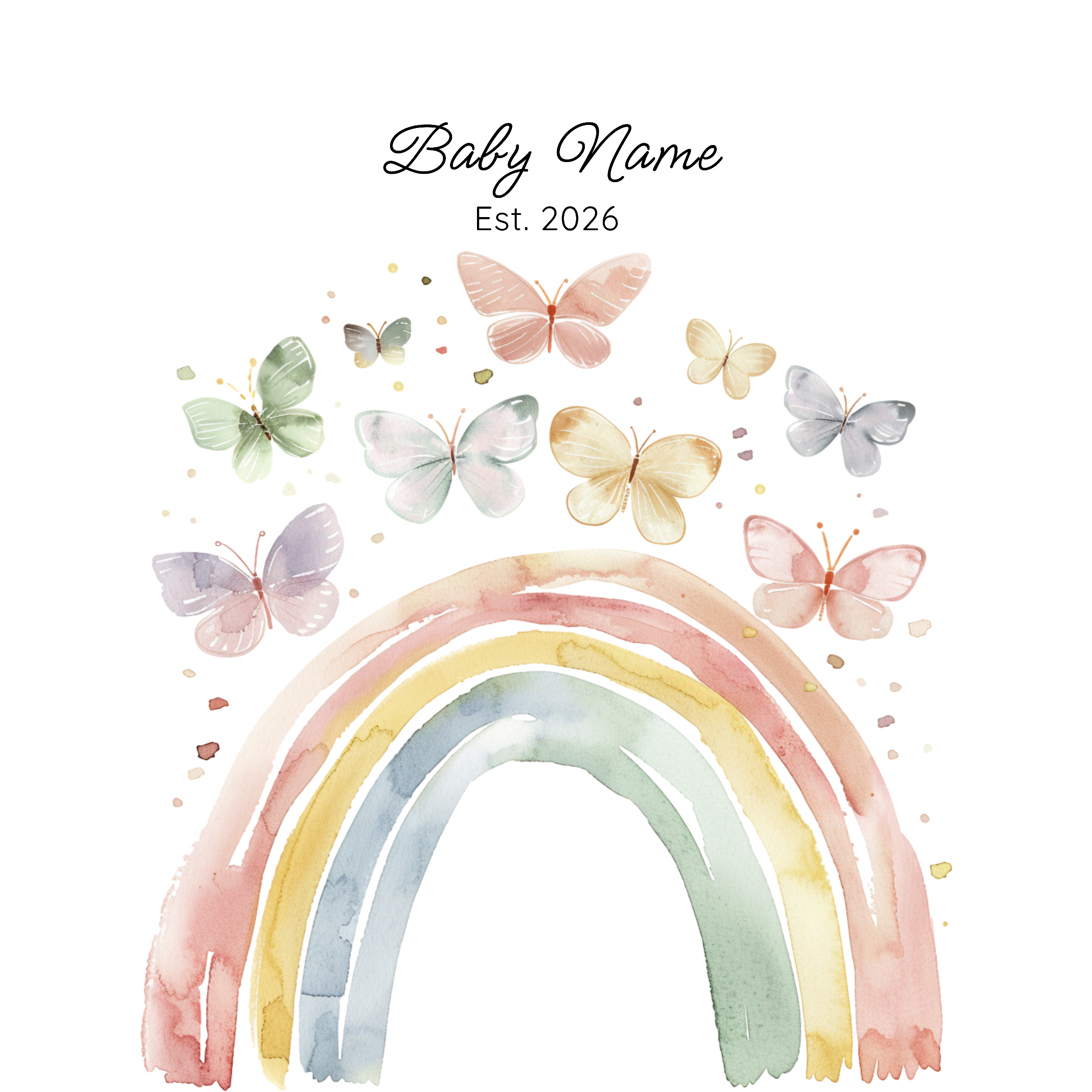 Instant Download Baby Name Art Personalized Nursery Wall Print Watercolor Butterfly Design Custom Template Format Editable Text Options Beautiful Nursery Room Display Perfect Baby Shower Gift Newborn Present Soft Gentle Illustration