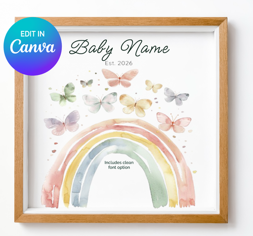 Personalized Baby Name Wall Art Custom Nursery Print Watercolor Butterfly Design Soft Gentle Illustration Perfect Nursery Room Display Instant Download Digital Template Editable Text Format Beautiful Baby Shower Gift Newborn Present