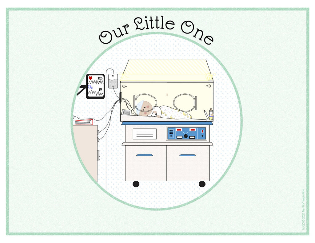 Illustration of a baby in an incubator with 'Our Little One' text above.