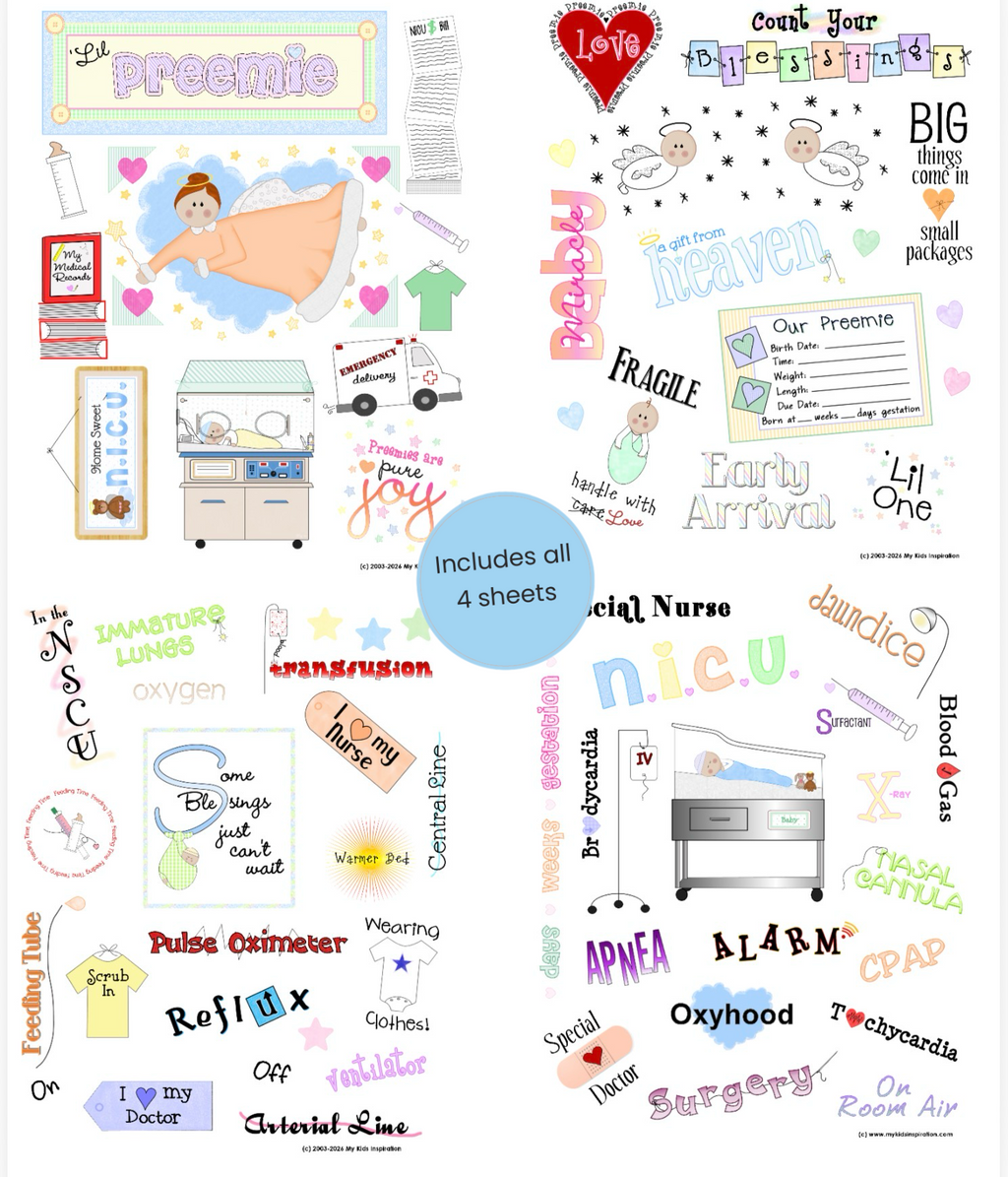 Preemie Baby Scrapbook Printable Art Sheets NICU Journey Memory Book Bundle Milestone Documentation Pages Digital Download Premature Infant Keepsake Collection Hospital Stay Journal Prompts Special Care Memory Keeping Parent Gift Package