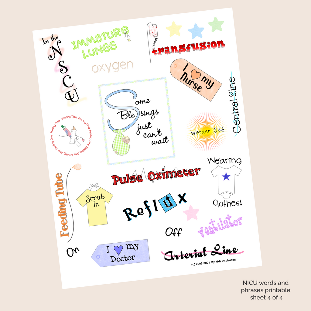 NICU Printable Art Sheets Preemie Memory Book Pages Digital Download Keepsake Collection Scrapbook Designs Journal Printables Premature Baby Milestone Tracker Bedside Comfort Display Hospital Stay Documentation Soft Gentle Artwork Family