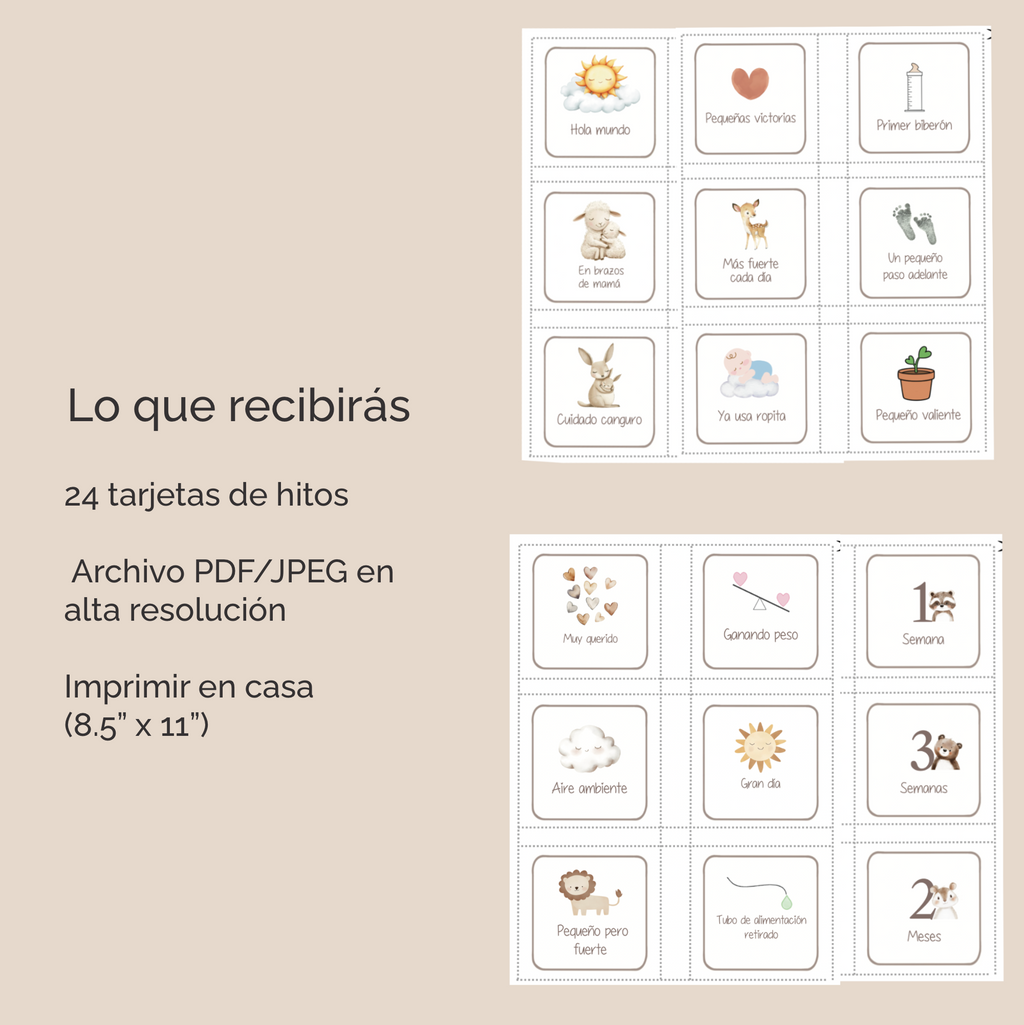 Tarjetas individuales NICU en español con ilustraciones suaves