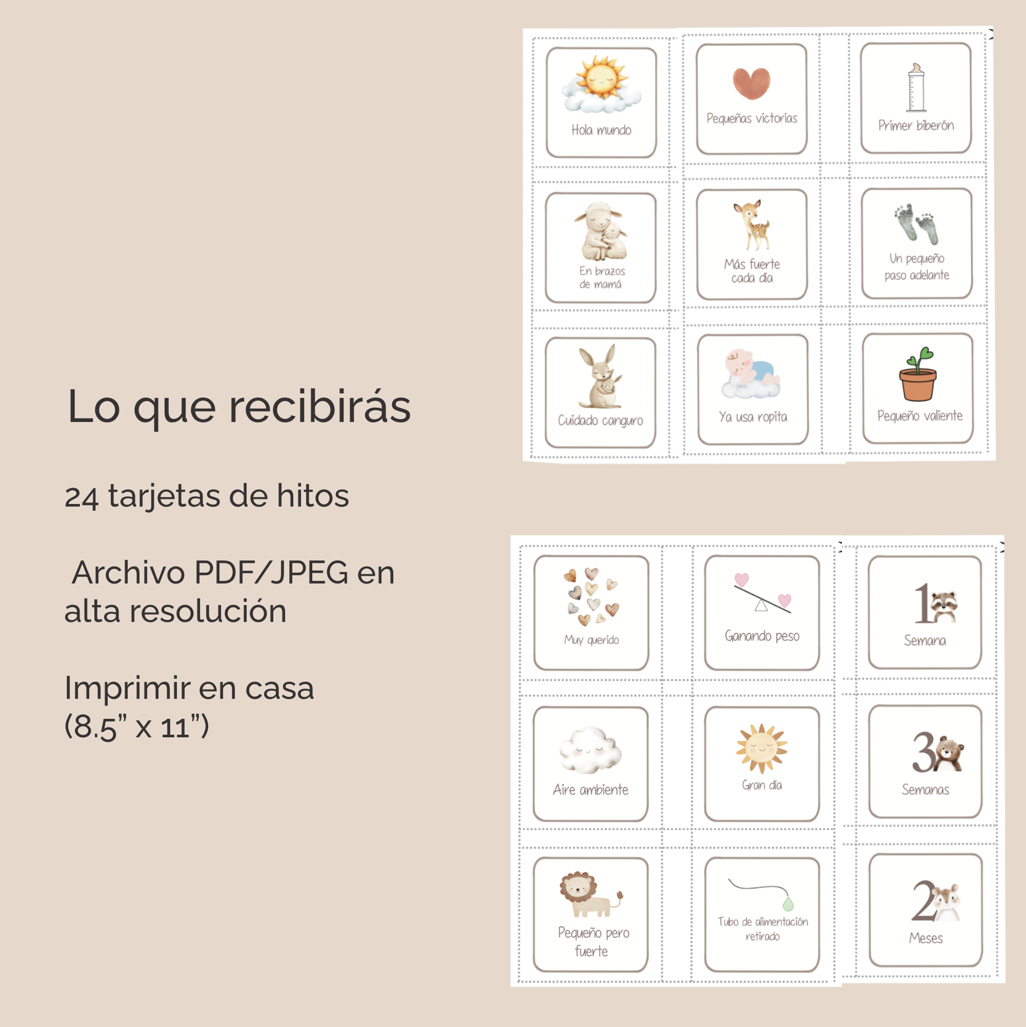 Tarjetas individuales NICU en español con ilustraciones suaves
