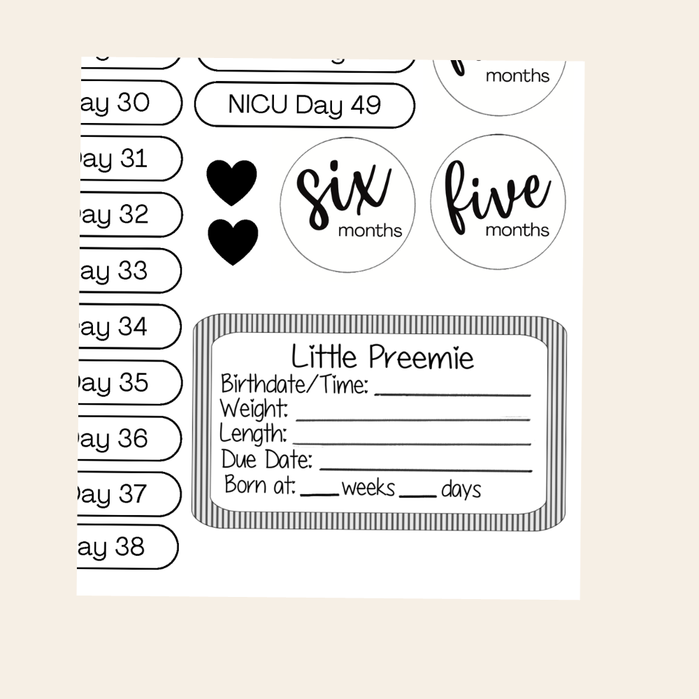 Printable Sticker Sheet For NICU Baby Memory Book Digital Download Preemie Scrapbook Supplies Milestone Tracking Journal Pages Hospital Journey Documentation Baby Keepsake Creation Comprehensive Phrase Downloads Instant Access Format