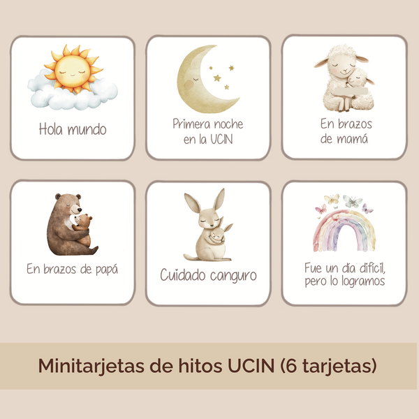 Set de 6 tarjetas de hitos NICU en español – vista completa
