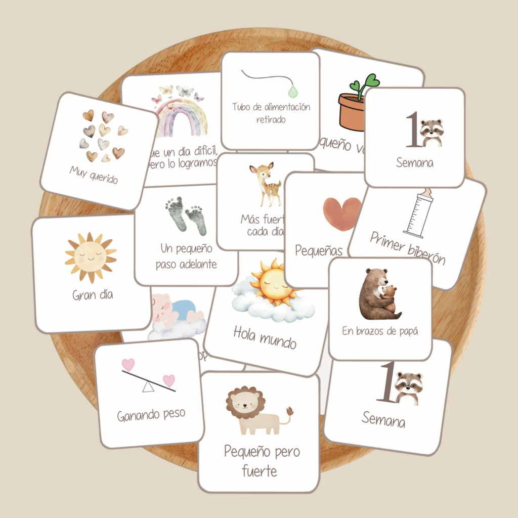 Vista organizada del set completo de tarjetas NICU en español