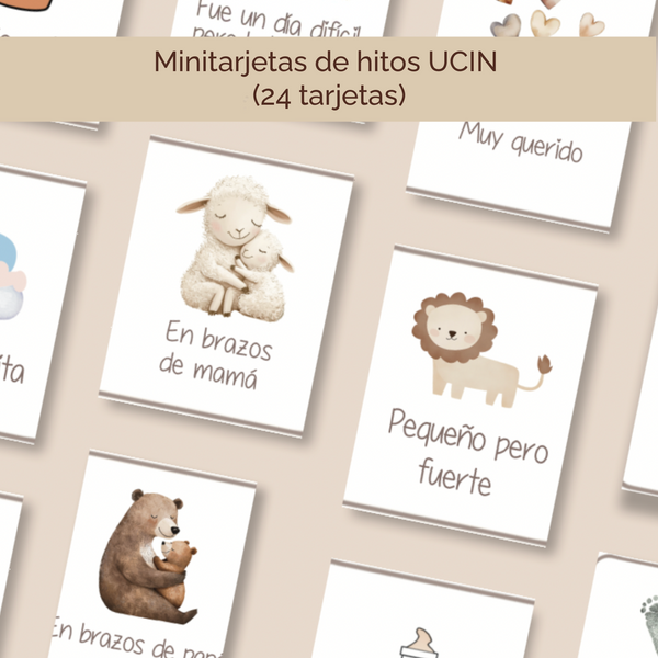 Tarjetas de hitos NICU en español – vista completa del set de 24 tarjetas