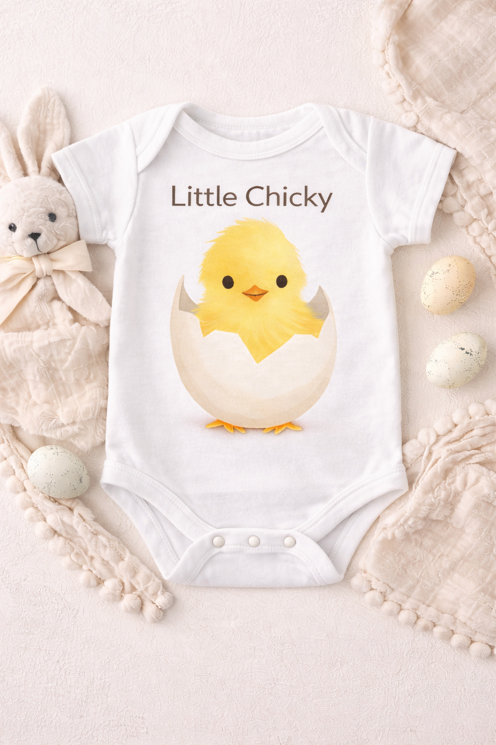 Spring Baby Bodysuit Watercolor Chick Graphic Design Soft Cotton Fabric Newborn Easter Photo Outfit Perfect Holiday Clothing Envelope Neckline Easy Dressing Infant Spring Wear Original Artwork Baby Clothes Comfortable Fit Easter Celebration