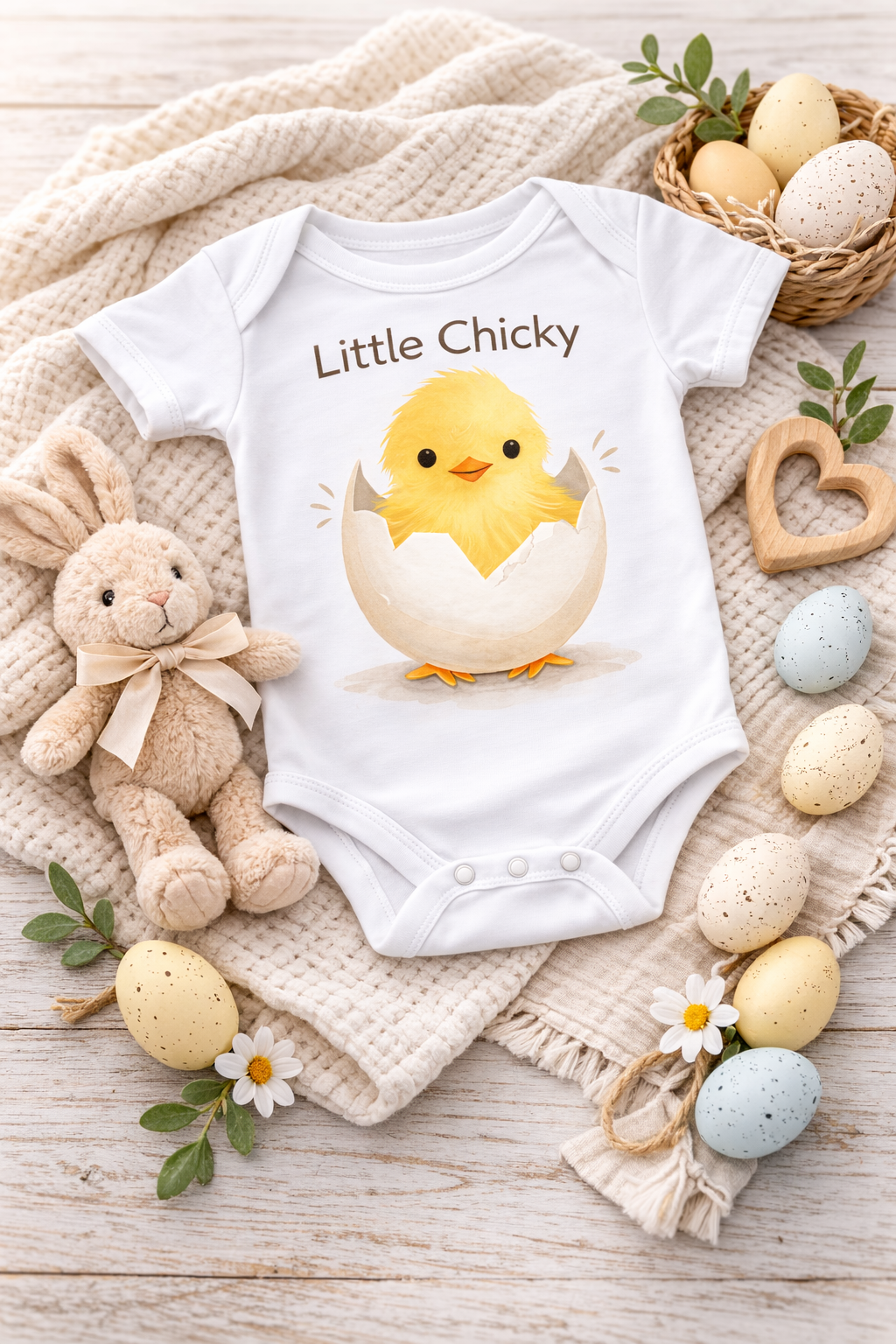 Watercolor Chick Baby Outfit Easter Holiday Clothing Soft Cotton Bodysuit Newborn Spring Wear Envelope Neckline Easy Dressing Original Design Artwork Perfect Photo Session Baby Shower Gift Infant Easter Celebration First Holiday Outfit