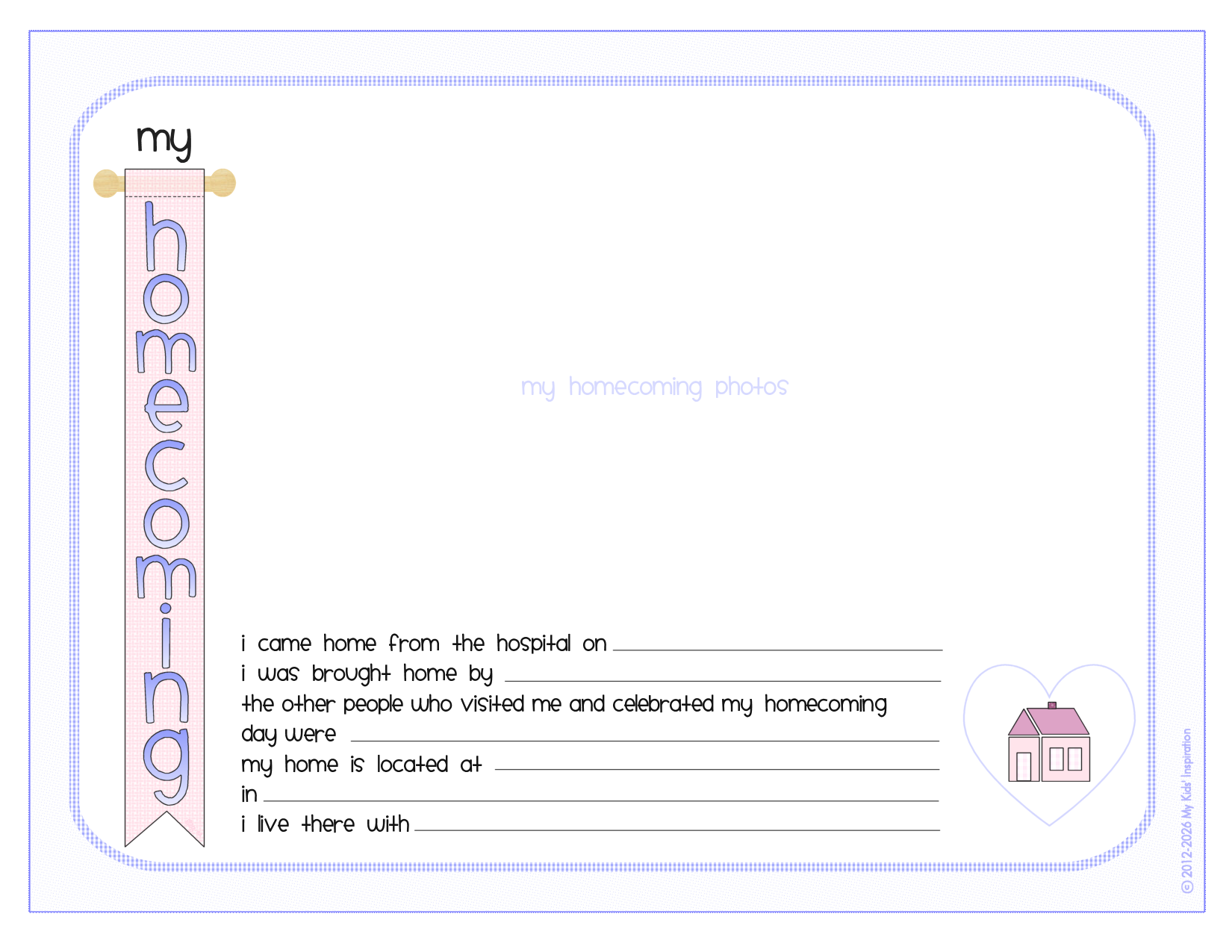Homecoming celebration worksheet with text and decorative elements on a white background
