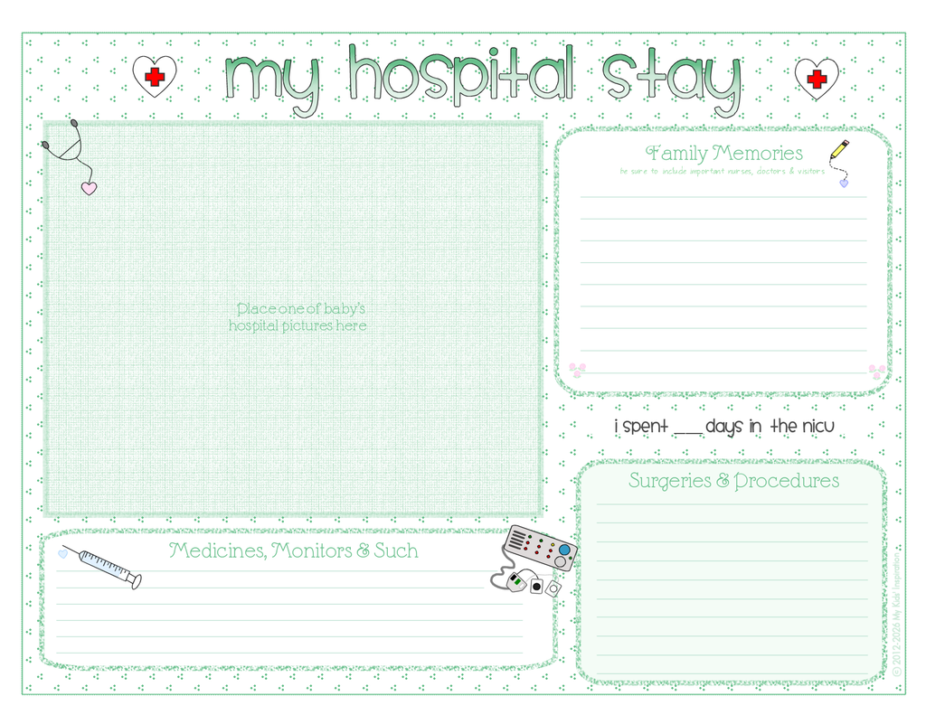 Children's hospital journal with various sections for recording hospital stay details.
