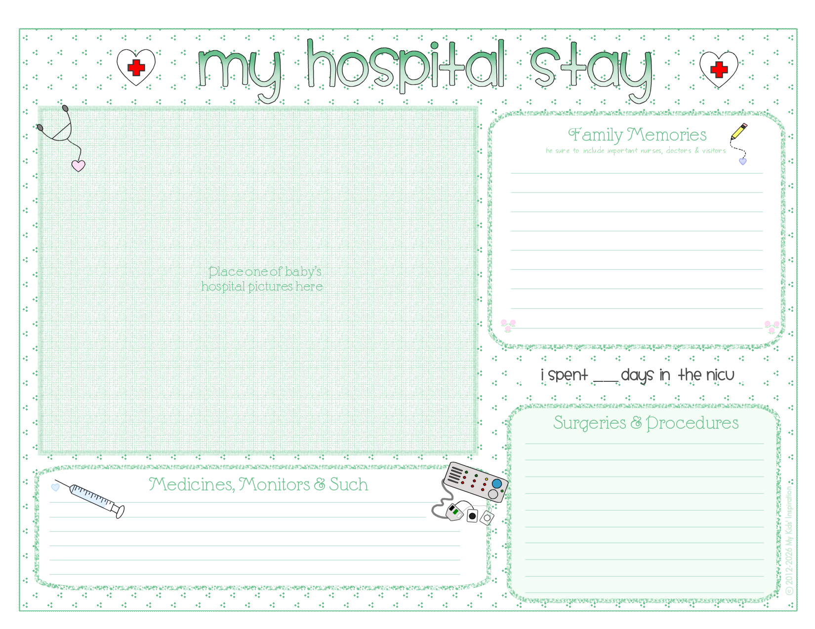Children's hospital journal with various sections for recording hospital stay details.