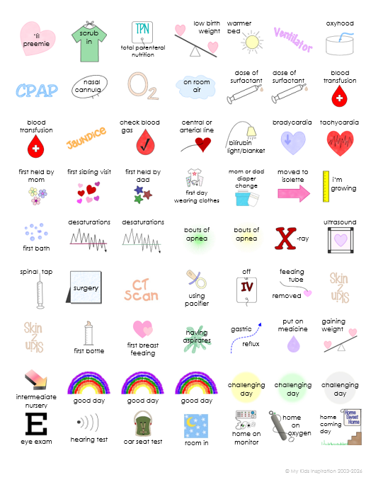 Collection of colorful icons and symbols representing various medical and developmental milestones for a baby.