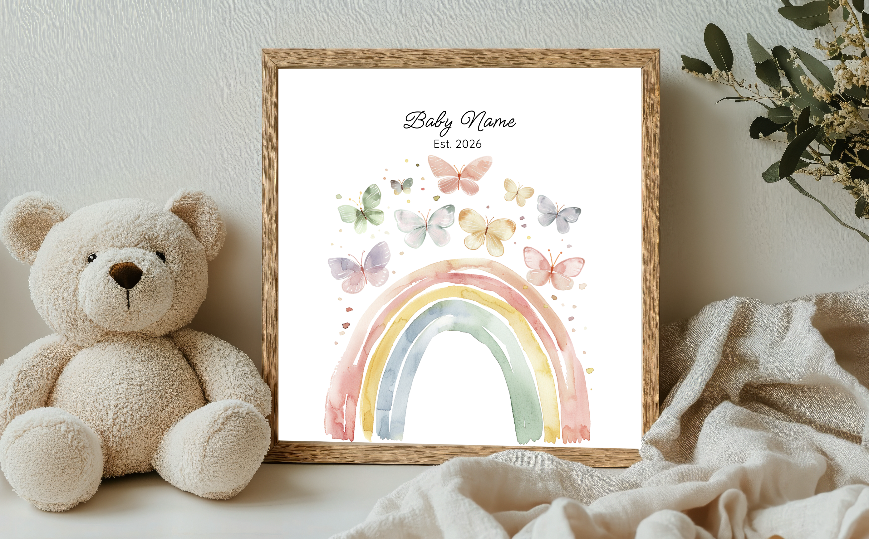 Editable Baby Name Template Personalized Nursery Wall Art Watercolor Butterfly Print Custom Design Format Instant Download Digital File Beautiful Nursery Room Display Perfect Baby Shower Gift Soft Gentle Illustration Printable Artwork Easy