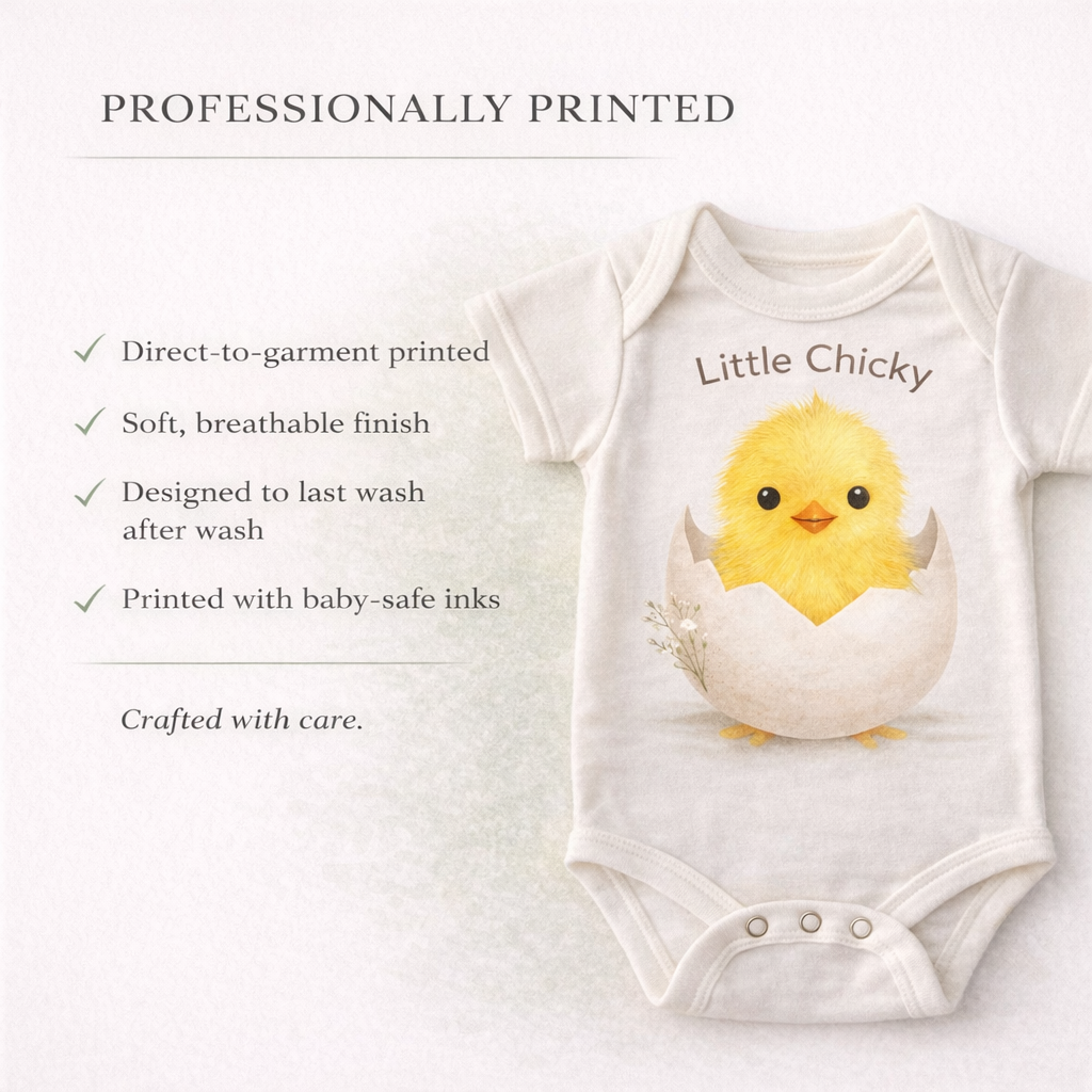 Newborn Easter Baby onesie with chick design and text on a light background and printing infoormation.