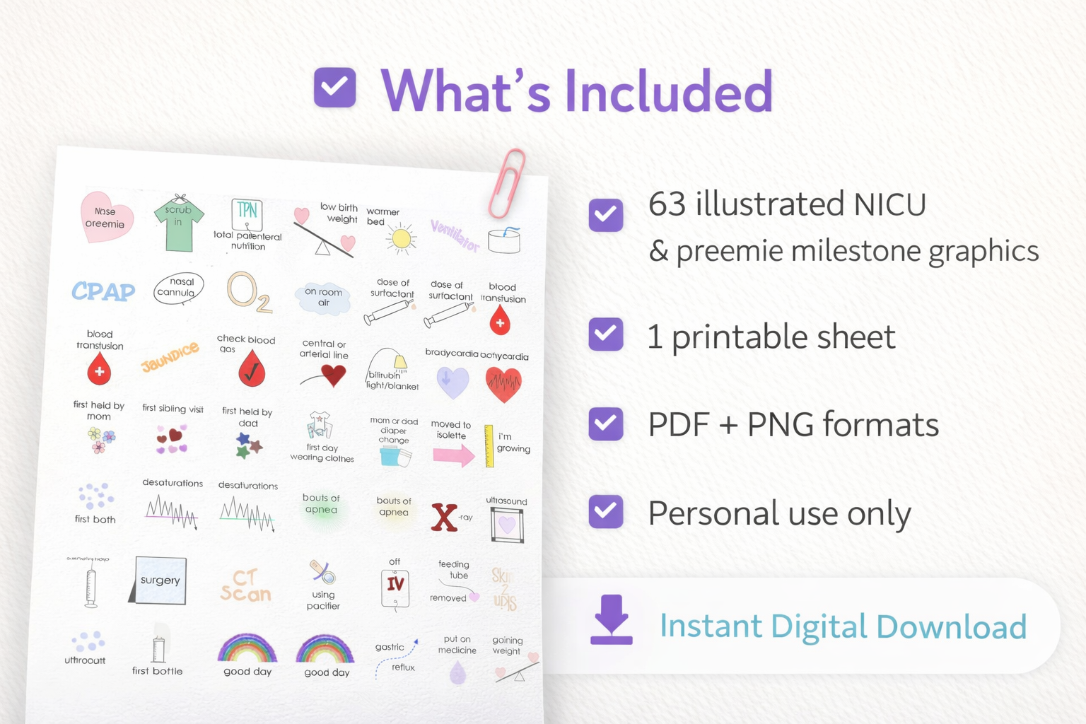 Premature Infant Milestone Tracker NICU Baby Progress Cards 63 Illustrated Achievement Icons Preemie Journey Keeper First Held Celebration Feeding Tube Milestone Memory Making Essential Printable Keepsake Collection Perfect NICU Support