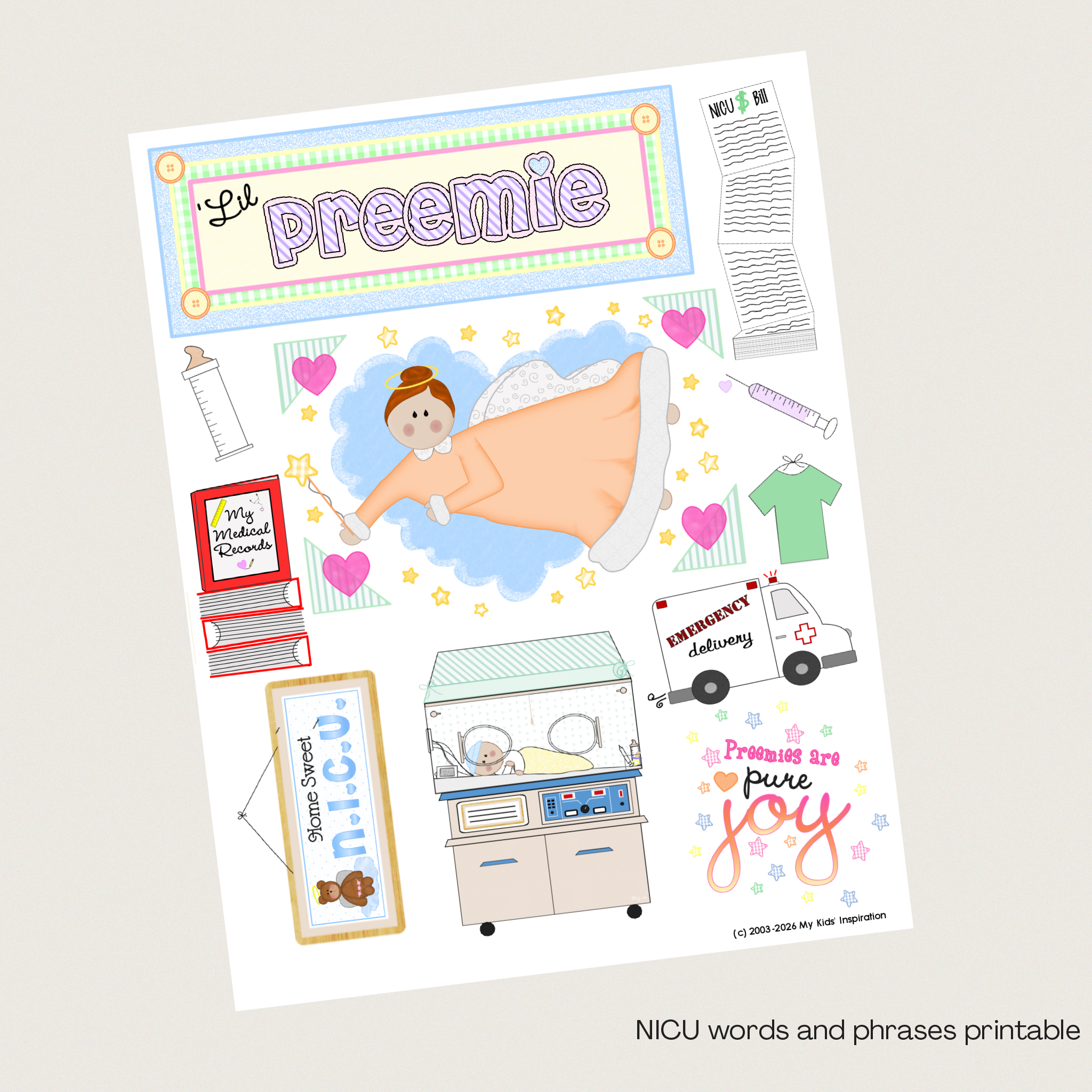 NICU Baby Scrapbook Printable Art Sheet Preemie Milestone Tracker Digital Download Memory Book Premature Baby Keepsake Collection Journal Pages NICU Journey Documentation Soft Comforting Design Bedside Display Art Meaningful Keepsake