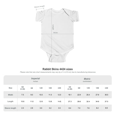 Baby onesie with measurement chart on a white background