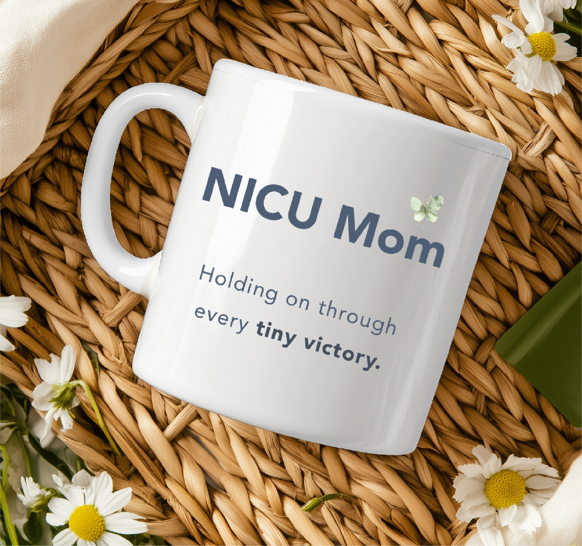 NICU Mom mug styled in soft neutral setting for hospital support or home use